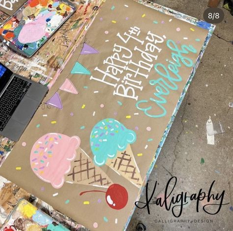 Butcher Paper Banner Birthday, Hand Painted Banner Birthday, Happy Birthday Painted Banner, Brown Paper Sign, Birthday Signs Diy Poster, Painted Banner Ideas, Painted Birthday Banner, Banner Painting, Happy Birthday Painting