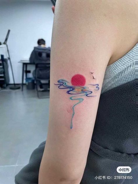 Bright Blue Tattoo, Red Sunset Tattoo, Colorful Line Tattoo, Abstract Sunset Tattoo, Blue Water Tattoo, Blue And Red Tattoo, Red And Blue Tattoo, Color Line Tattoo, Blue Eye Tattoo