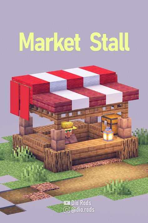 A white and red market stall that I made during my minecraft 1.19 let's play series. Made from spruce, wool, and mud walls. Link in the bio or search "Dio Rods" to find it! Minecraft Building Ideas Useful, Minecraft Builds For Survival, Shops In Minecraft Ideas, Trading Stalls Minecraft, Minecraft Builds Decoration, Decorative Minecraft Builds, Small Buildings Minecraft, Mc Survival Builds, Minecraft Villager Marketplace