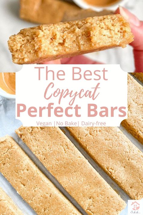 Homemade perfect bars copycat recipe! You only need 5 ingredients to make them and no baking required! This peanut butter perfect bar recipe is so easy and the bars are crazy chewy! The best peanut butter protein bar ever! This diy recipe will have you in shock! They taste exactly like the real protein bar you get from the store. #proteinbar #peanutbutter #healthysnack Vegan Peanut Butter Protein Bar, Grain Free Protein Bar, High Protein Vegan Bars, Peanut Butter Protein Bars Healthy, Peanut Butter Protein Bars No Bake, Perfect Protein Bar, Peanut Butter Perfect Bar Recipe Copycat, Diy Perfect Bars, Diy Keto Protein Bars