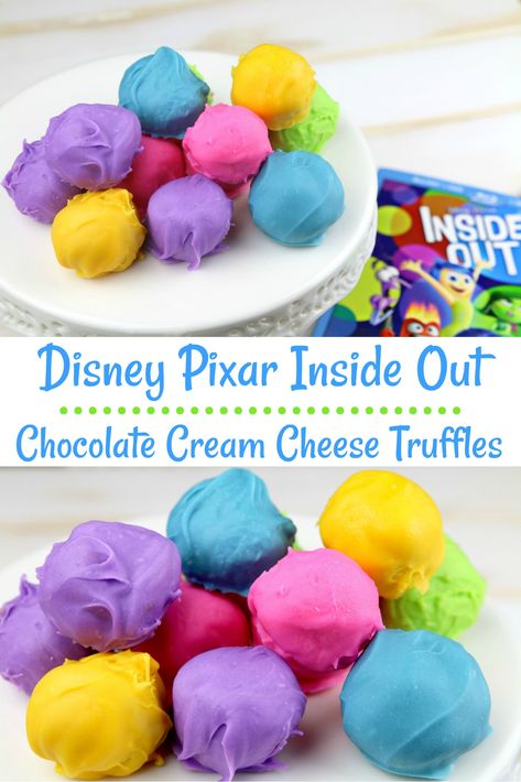 Chocolate Cream Cheese Truffles inspired by Disney Pixar Inside Out. Get the no-bake and gluten-free cream cheese truffles recipe. #PixarFest Inside Out Food Disney, Inside Out Inspired Food, Inside Out Snack Ideas, Inside Out Treats, Inside Out Snacks, Inside Out Themed Food, Disney Baking Recipes, Disney Food Ideas, Cream Cheese Truffles