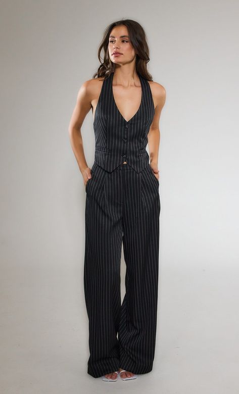 Check more at https://beautyfashionideas.com/fashion/13043/ Pinstripe Suit Aesthetic, Hoi An Tailor Clothes, Grunge Professional, Women In Menswear, Pinstripe Outfit, Pinstripe Suit Women, Vest Top Outfits, Halter Neck Vest, Grunge Wedding