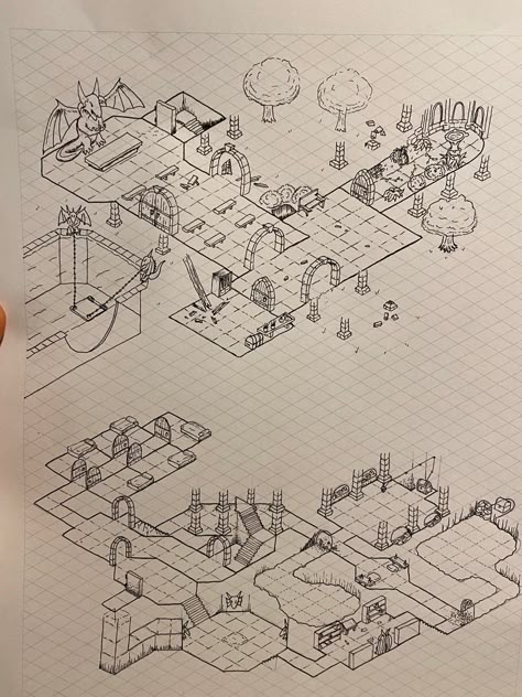 Dnd Hand Drawn Maps, Dnd Map Drawing, Isometric Dungeon Maps, Isometric Map Design, Isometric Game Design, Game Level Map, Dungeon Design, Game Level Design, Map Sketch