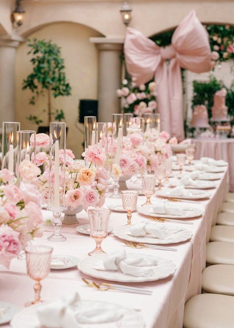 Small Pink And White Centerpieces, Coquette Centerpiece Ideas, White Bridal Shower Table Decor, Pink And White Baby Shower Flowers, Bridal Shower Light Pink, Wedding Flowers On Table, Pink And Green Table Decor, Pink Wedding Ideas Color Schemes, Pink And Yellow Party Decorations