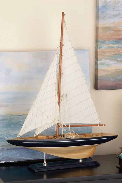 Boat Sculpture, Coastal Style Living Room, Wooden Sailboat, Model Sailboat, Sailboat Art, Navy Accents, Wooden Ship, Nautical Home, Decorative Sculpture