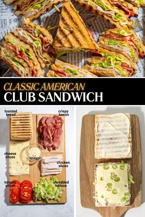 Club sandwiches on a tray lined with newspaper. Party Club Sandwiches, College Sandwiches, Sandwich Potluck Ideas, Club Sandwiches Recipes, Easy Food Recipes Step By Step, Club Sandwich Ideas, Potluck Sandwich Ideas, Club Sandwich Sauce, New York Sandwiches