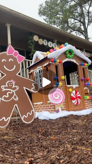 Gingerbread House For Parade Float, Gingerbread House Little Tikes, Gingerbread Man Outdoor Decorations Diy, Diy Gingerbread House Front Porch, Building A Gingerbread House, Gingerbread House From Playhouse, Outside Gingerbread House Ideas, Ginger Bread House Outdoor Decorations, Gingerbread House Yard Decor