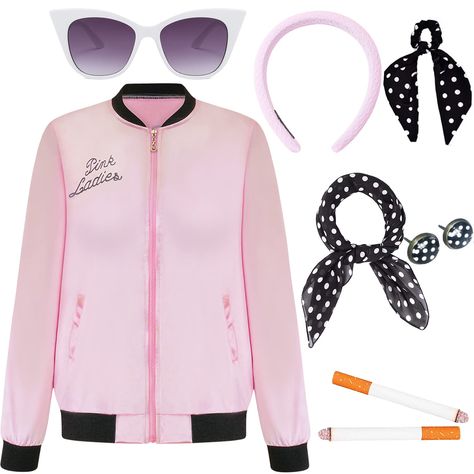 PRICES MAY VARY. Complete 1950s Themed Costume Set for Adults: This set includes a Pink Ladies jacket, glasses, neck scarf, headband, Dot earrings, and ponytail holders. It is perfect for creating a complete 1950s themed outfit for adults, ideal for sock hops, retro-themed events, or Halloween parties. Authentic Halloween Accessories and 1950s Dresses: Each accessory in this set is inspired by the classic Sandy from Grease costumes and 1950s fashion, ensuring that your costume has a high level o 50s Halloween Costumes, Sandy Grease Costume, Sock Hop Outfits, 50s Halloween, Sandy From Grease, Pink Ladies Outfit, Outfit With Accessories, Pink Ladies Jacket, 50s Costume