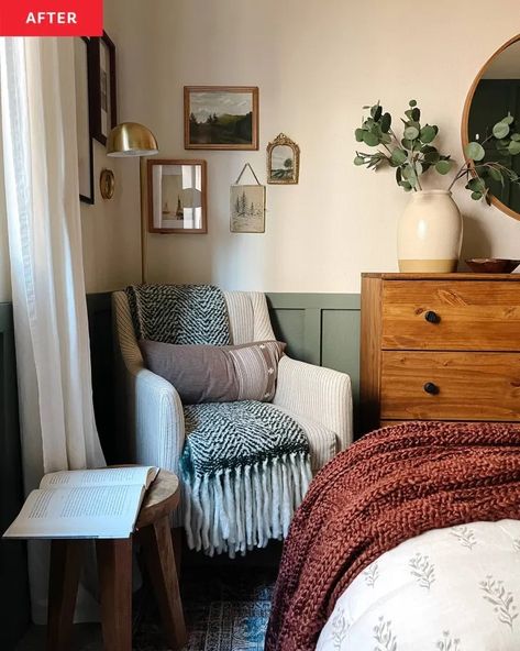 Tiny Spare Room Ideas, Room With Desk Ideas Bedroom, Bungalow Bedroom Upstairs, Bed In The Corner Of The Room Ideas, Slate Bedroom, Corner Of Bedroom, Basement Guest Bedroom, Mexican Farmhouse, Bedroom Reading Corner