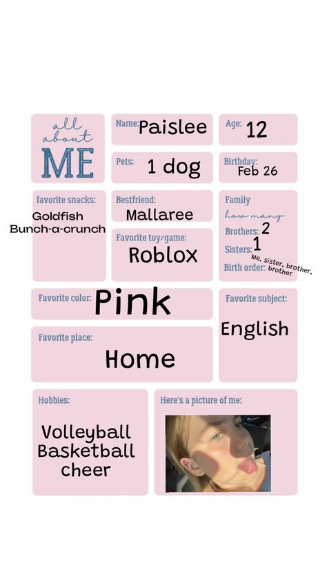 All about me!! #fyp About Me Instagram Template, Birth Order, Basketball Cheers, Favorite Subject, All Names, Dog Birthday, Favorite Snack, All About Me!, Getting To Know