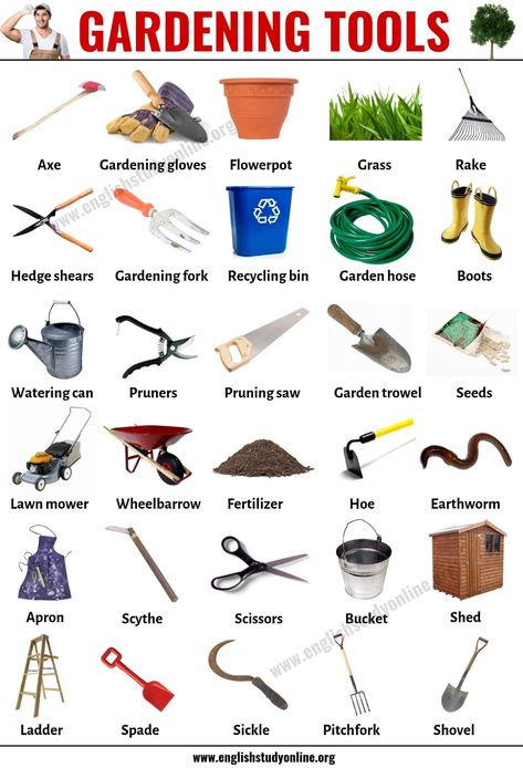 Gardening Tools: List of 30 Useful Tools Names for Gardening - English Study Online Tatabahasa Inggeris, Gardening Tools Names, Desain Quilling, Tools List, Learning English For Kids, Kids English, English Vocab, English Verbs, Aktivitas Montessori