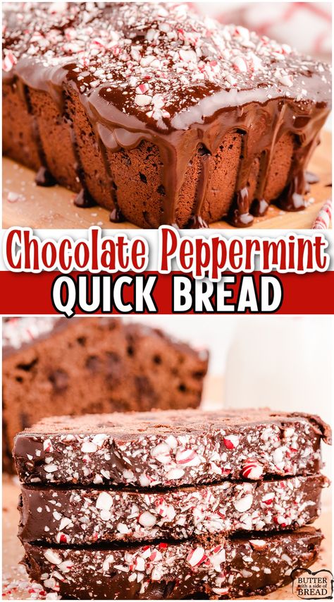 Chocolate Peppermint Bread is perfect for the holidays! Rich chocolate flavor sprinkled with peppermint makes this chocolate quick bread festive & delicious! Peppermint Bread, Chocolate Quick Bread, Candy Cookies Recipes, Yummy Things To Bake, Peppermint Recipes, Loaf Cake Recipes, Holiday Bread, Christmas Bread, Homemade Bread Recipes Easy