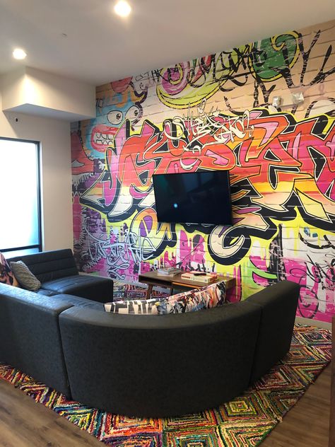 CUSTOM GRAFFITI WALL MURAL Anime Murals Wall Art, Graffiti Wall Living Room, Graffiti Home Decor, Graffiti Room Aesthetic, Brick Wall Accent, Hiphop Room, Graffiti Interior Design, Accent Wall Diy, Graffiti Decor