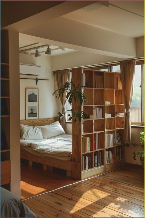 Japanese Apartment Small Interior, Shelf Room Separator, Functional Room Dividers, Rooms Dividers Ideas, Studio Apartment Bookshelf Divider, Simple Rustic Interior Design, Room Sectioning Ideas, Cute Apartment Ideas Aesthetic, Small Apartments Ideas