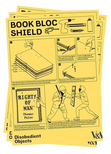 How to Guide: Book Bloc Shield. llustration by Marwan Kaabour, Barnbrook How To Guide, Instruction Manual Design, Guide Book Design, Guide Illustration, Survival Guide Book, Instructions Design, Book Guide, Manual Design, City Planner