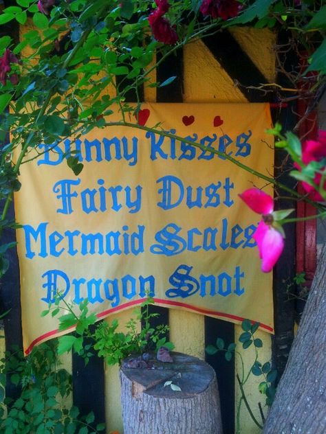 Renaissance faire sign. I remember seeing this! <3 Ren Faire Decorations, Ren Faire Decor, Festival Themed Party, Fantasy Party, Ren Faire Costume, Medieval Party, Medieval Festival, Craft Fairs Booth, Fairy Festival