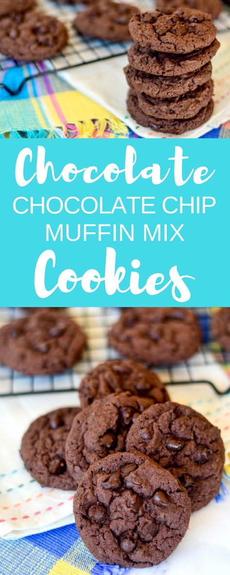 Chocolate Chocolate Chip Muffin Mix Cookies Muffin Mix Cookies, Martha White Muffin Mix, Chocolate Chip Muffin Mix, Muffin Mix Recipe, Chocolate Chip Muffin, Tin Recipes, Favorite Cookie Recipe, Muffin Mix, Delicious Cookie Recipes