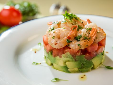 Shrimp and Avocado Salad - So Delicious Prawn Avocado Stack, Avocado Shrimp Cocktail, Prawn Avocado Salad, Avacado Corn Salad, Stacked Salads, Avocado Shrimp Salad, Prawn And Avocado Salad, Avocado Cocktail, Avocado Recipes Pasta