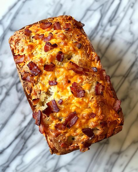 Bacon Cheddar Bread Recipe Green Chili Cheddar Bread, Bacon Cheddar Bread Recipe, Bacon Cheddar Beer Bread, Quick Cheddar Cheese Bread, Pizza Loaf Bread, Savory Bread Loaf Recipes, Savory Quick Breads Recipes, Bacon Cheese Pull Apart Bread, Garlic Loaf Bread Recipes