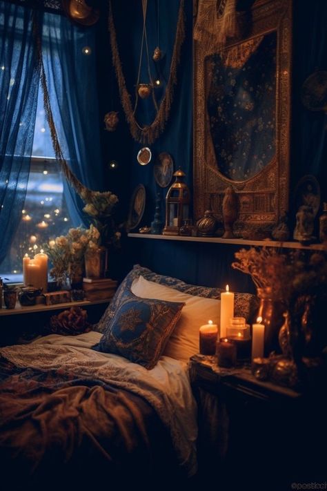 Purple Fantasy Bedroom, Celestial Furniture Diy, Celestial Bedroom Aesthetic, Purple Boho Bedroom, Magic Bedroom, Witchy Bedroom Ideas, Magical Bedroom, Goth Bedroom, Dark Home Decor