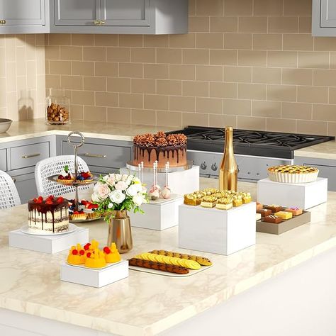 Food Risers, Buffet Risers, Gourmet Cupcake Recipes, Table Display Stand, Acrylic Risers, Cube Display, Food Display Table, Dessert Catering, White Buffet