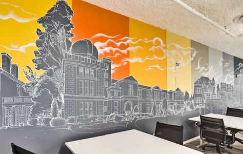 100+ Office Wall Design Ideas to Increase the productivity Office Wall Graffiti, Wall Murals For Office, Corporate Office Wall Art, Office Wallpaper Ideas Corporate, Corporate Wall Mural, Office Mural Design Work Spaces, Corporate Mural, Company Wall Design, Office Mural Design