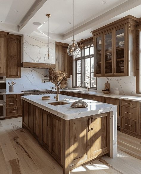 Wood Cabinets Countertop Ideas, Two Wood Tone Kitchen Cabinets, Cool Tone Kitchen Cabinets, Walnut Cabinets With White Countertops, Wood Cabinets Modern Kitchen, Modern Country Style Interior Design, Earth Tones Kitchen Ideas, Rustic Kitchen Wood Cabinets, Wood And Brass Kitchen