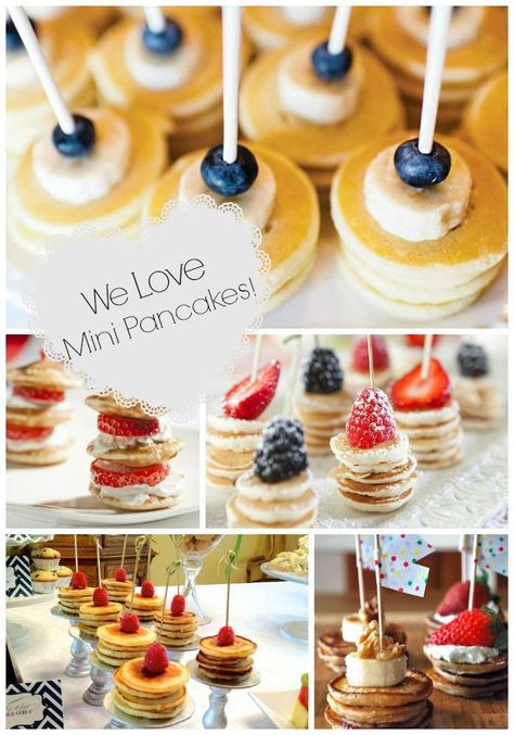 Mini Pancake Stacks {Brunch Foods That Rock}!  For baby shower you could tie a pink ribbon to the sticks.  easy peasy. Baby Shower Pasta, Baby Shower Brunch Food, Brunch Foods, Girls Brunch, Brunch Food, Brunch Drinks, Mini Pancakes, Pancake Stack, Brunch Buffet