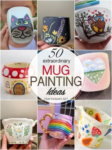 Learn how to paint on mug with easy and cute hand-painted coffee mug painting ideas on ceramic plain cups using acrylic and ceramic paints. Coffee Cups Acrylic Painting, Diy Cup Painting Mugs, Diy Coffee Mugs Paint, Decorating Mugs Diy, How To Paint Mugs, Coffee Mug Decorating Diy, Coffee Mug Painting Ideas Easy, Diy Ceramic Cup Painting Ideas, Hand Paint Mug