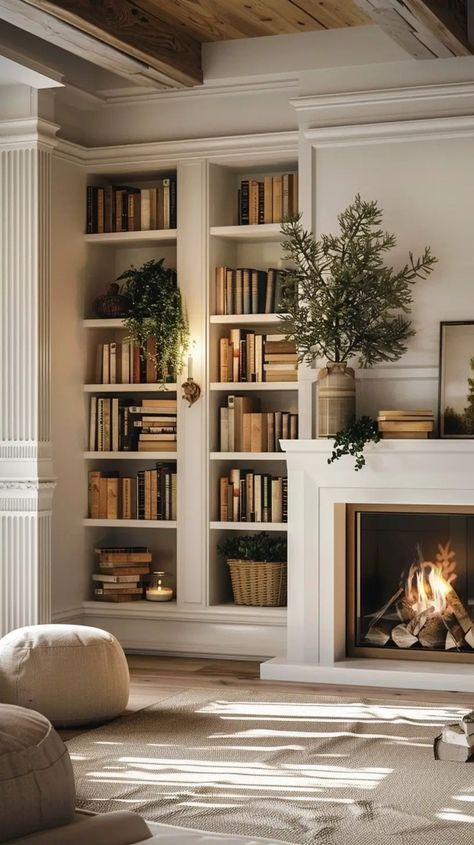 Best Built-In BookShelves Around A Fireplace Design Ideas - Decoholic Built In Bookcases In Living Room, Beautiful Built Ins Living Room, Fireplace Mantel Bookcase, Tv Wall Studio Mcgee, Bookcase Over Fireplace, Bookcases By Fireplace, Chimney Bookshelves, Study Room With Fireplace, Fireplace Interior Wall