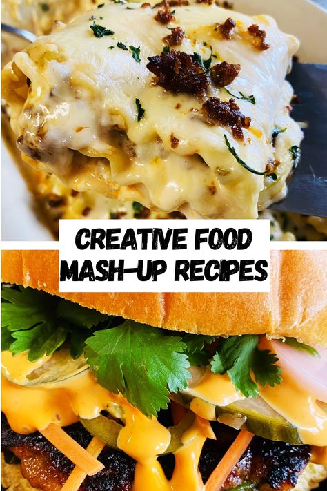 lasagna and burger Unique Food Combinations, Fusion Dinner Recipes, Extravagant Dinner Recipes, Weird Dinner Ideas, Food That Looks Like Other Food, Crazy Food Combinations, Unusual Recipes Dinners, Unique Bbq Ideas, Weird Food Combos That Taste Good