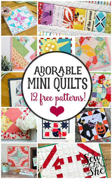 12 Adorable Mini Quilt Free Patterns Mini Patchwork Projects, Mini Quilts Miniatures, Mini Quilt Patterns Free, Miniature Quilts Patterns Free, Mini Quilts Patterns Free Wall Hangings, Mini Quilts Patterns Free, Free Mini Quilt Patterns, Free Quilt Block Patterns, Small Quilt Projects