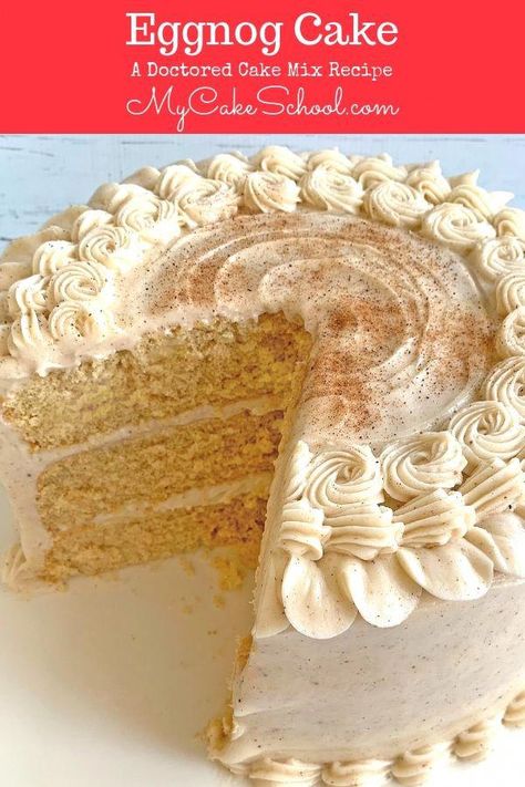 Easy and Delicious Eggnog Cake- Doctored Cake Mix Recipe! This cake is SO moist, and frosted with an eggnog Cream Cheese Frosting!  #cakerecipes #doctoredcakemix #christmascake #eggnog #eggnogcake #recipescake Eggnog Cake Recipe, Doctored Cake Mix Recipes, Cake Mix Recipe, Eggnog Cake, Doctor Cake, Moist Cake, Eggnog Recipe, Cake Easy, Salty Cake