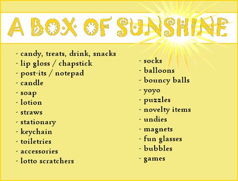 Sunshine Box For Bestie, Sunshine Box Ideas, Bag Of Sunshine, A Box Of Sunshine, Scatter Sunshine, Bedroom Checklist, Ministering Ideas, Employee Engagement Activities, Sunshine Box