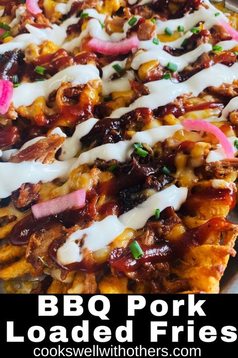 loaded waffle fries with cheese and drizzled with sour cream Pulled Pork French Fries, Pulled Pork Loaded Fries, Pulled Pork Appetizers, Leftover Bbq Pulled Pork, Pulled Pork Appetizer, French Fries Loaded, Loaded Fries Recipe, Leftover Pulled Pork, Pulled Pork Leftovers