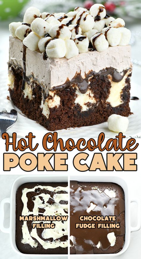 Hot Chocolate Poke Cake is the most decadent chocolate cake infused with marshmallow fluff, topped with chocolate fudge and hot chocolate whipped cream, and a pile of mini marshmallows. Chocolate Cake Fudge, Chocolate Cool Whip, Easy Hot Chocolate, Tea Desserts, Poke Cake Recipe, Chocolate Poke Cake, Christmas Baking Recipes, Poke Cake Recipes, Decadent Chocolate Cake