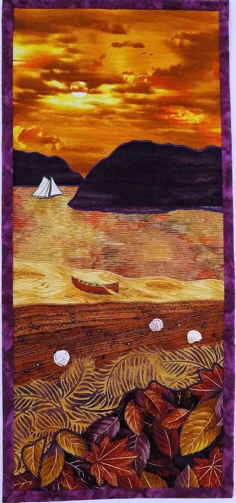 Linda's Landscape Quilts: 2020 Sunset Quilts, Hawaiian Fabric Quilt, Seascape Quilts, Landscape Art Quilts, Art Quilting, Landscape Quilt, Landscape Quilts, Quilt Border, Beach Road