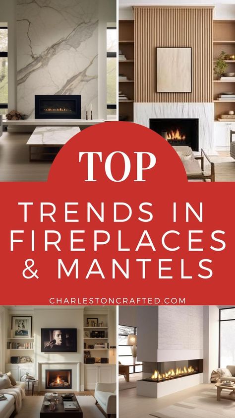 Want to update your fireplace? Here are the top fireplace trends – big and small – to inspire your next renovation project! Fireplace Without Hearth Ideas, 3 Way Fireplace Makeover, Simple Gas Fireplace Surround, Gas Fireplace With Mantle And Tv, Fireplace In Kitchen Island, Dark Grey Fireplace Mantle, Three Sided Fireplace Makeover, Tile Around Fireplace Ideas Farmhouse, Fireplace And Backsplash Match