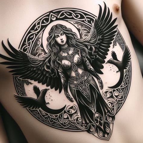 The Morrigan Tattoo Celtic Goddess, Freyja Tattoo Norse Mythology, The Morrigan Tattoo, Goddess Morrigan, Jeep Tattoo, Trinity Tattoo, The Morrigan, Celtic Knot Tattoo, Knot Tattoo