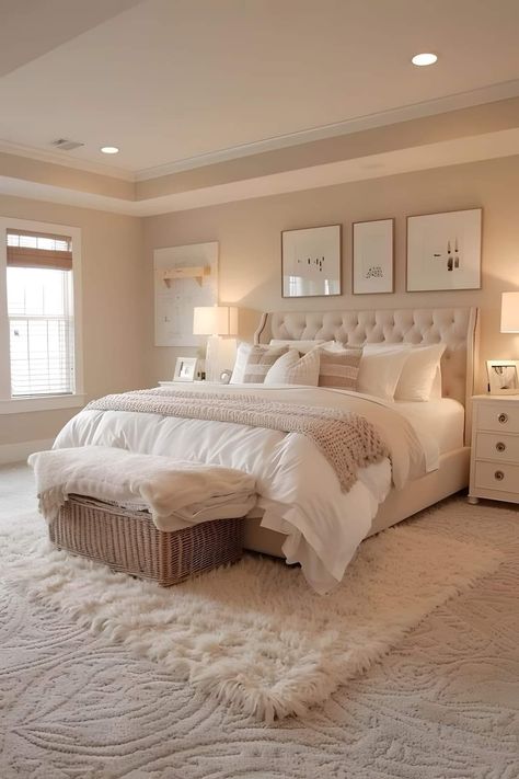 Cozy Small Bedrooms Romantic, Two Story Home Decor Ideas, Carpet On Top Of Carpet Ideas, Cozy Beige Bedroom Aesthetic, Beige Bedroom Ideas Aesthetic, Girly Neutral Bedroom, White And Beige Room Aesthetic, Apartment Bedroom With Carpet, Beige Room Aesthetic Bedroom