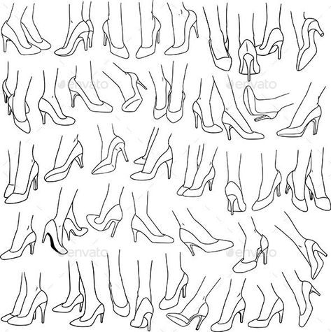 Woman Feet With High Heel Shoes Pack Lineart by LironPeer | GraphicRiver How To Draw Heels, Drawing High Heels, Silhouette Mode, Feet Drawing, Fashion Figure Drawing, Fashion Drawing Sketches, Fashion Illustrations Techniques, Fashion Drawing Tutorial, Free Vector Illustration