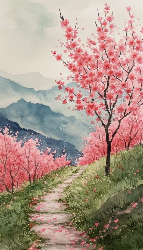 Japanese Painting Cherry Blossom, The Distance Between Me And The Cherry Tree, Japanese Blossom Tree Painting, Spring Blossom Painting, Sakura Tree Watercolor Painting, How To Paint Sakura Tree, Pink Watercolour Painting, Blossom Tree Watercolour, Garden Painting Watercolor