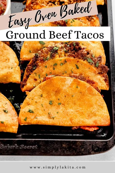 Try making these Ground Beef Baked Tacos for your next taco night. They're quick and easy to prepare with taco seasoned beef, shredded cheese, and crunchy taco shells. Serve with your favorite toppings for the ultimate taco Tuesday the whole family is sure to love! simplylakita.com #bakedtacos Ground Meat Tacos Recipes, Taco Easy Recipes, Easy Tacos Beef, Baked Tacos Recipe Beef, Baked Soft Tacos Ground Beef, Healthy Tacos Beef, Easy Beef Tacos Recipes, Oven Baked Soft Tacos, Best Tacos Ground Beef