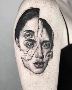 Black And White Portrait Tattoo, Surreal Portrait Tattoo, Tattoo Of Faces Woman, Illustrative Realism Tattoo, 2 Faced Tattoo, Tattoo Of Woman Faces, Tattoos With Faces, Tattoo Portrait Ideas, Woman’s Face Tattoo