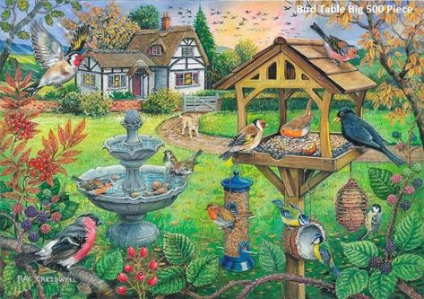 A variety of birds are enjoying a feed in this beautiful cottage garden. The puzzle has unique and varied pieces, larger than average, to add to the enjoyment of the puzzle. Yellow Adirondack Chairs, Bird Table, Buffalo Games, Hidden Images, Puzzle Crafts, John William Waterhouse, Cat Puzzle, Animal Hide, Edvard Munch