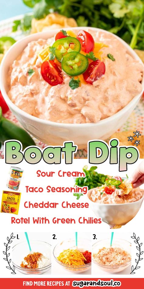 Boat Dip is Tiktok's favorite dip recipe that's filled with mouthwatering Mexican flavor and is made with only 4 ingredients in 5 minutes! This chilled dip makes the best summertime snack! via @sugarandsoulco Boat Dip Recipe, Boat Dip, Jalapeno Popper Dip, Delicious Dips Recipes, Lake Food Ideas Summer, Food Ideas Summer, Taco Dip, Lake Food Ideas, Queso Dip