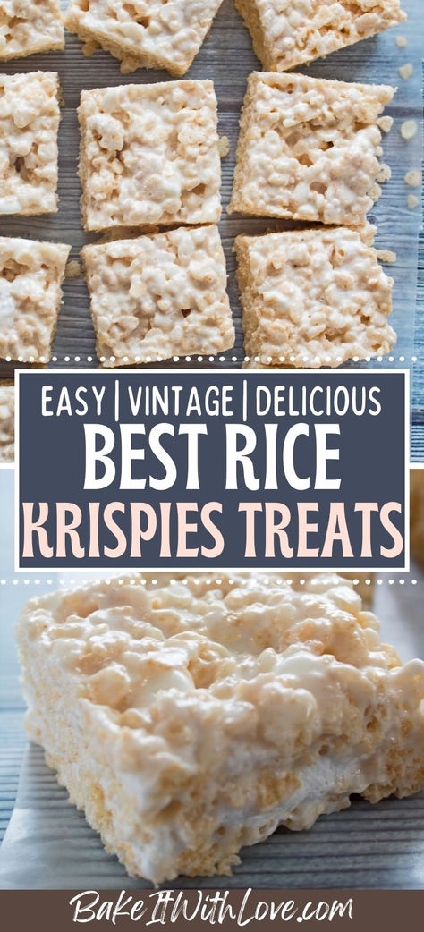 Closeup sliced rice krispies treat with text block and another image of the sliced bars on a wooden grain background. Making Rice Krispie Treats, Salted Rice Krispie Treats, Easy Rice Krispy Treats Recipe, Rice Krispy Squares Recipe, Best Rice Krispy Treats Ever, Rice Krispie Treats No Butter, Good Rice Krispie Treats, Cake Mix Rice Krispie Treats, Soft Rice Crispy Treats Recipe