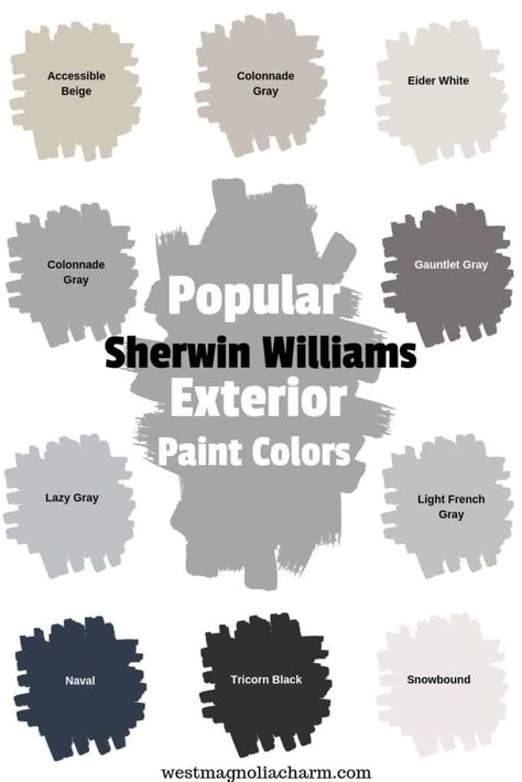 Check out some of the most popular Sherwin Williams exterior paint colors. These Sherwin WIlliams paint colors are guaranteed to boost the curb appeal of your homes exterior. #exterior #painting #outdoor #curbappeal Sherwin Williams Exterior Paint, Sherwin Williams Exterior Paint Colors, Outdoor House Paint, Sherwin Williams Exterior, Grey Exterior House Colors, Exterior Gray Paint, Gray House Exterior, House Paint Color Combination, Color Combinations Paint