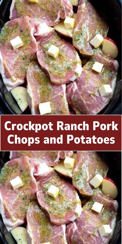 An easy and delicious meal where pork chops and sliced potatoes are cooked in a crockpot with a creamy ranch-flavored sauce, resulting in a tender and flavorful dish. Easy Crockpot Pork Chops, Ranch Pork Chops And Potatoes, Crockpot Ranch Pork Chops, Slow Cooker Pork Chops Recipes, Potato Recipes Crockpot, Pork Crock, Ranch Pork Chops Crock Pot, Pork Crockpot Recipes, Pork Chop Recipes Crockpot