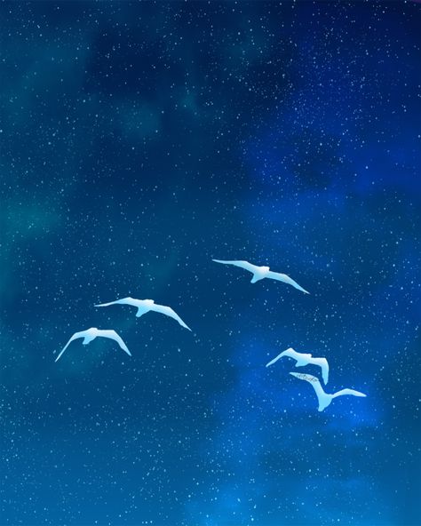 A serene digital painting of fantasy glowing birds in the night sky. This design was hand illustrated in a Japanese anime background style. The background is filled with bright stars and colorful nebulas. Perfect for fantasy lovers, astrology lovers, nebula lovers, anime lovers, and bird lovers. Japanese Anime Background, Fantasy Night, Name Paintings, Background Style, Sky Anime, Nebulas, Birds In The Sky, Japanese Illustration, Fantasy Lovers